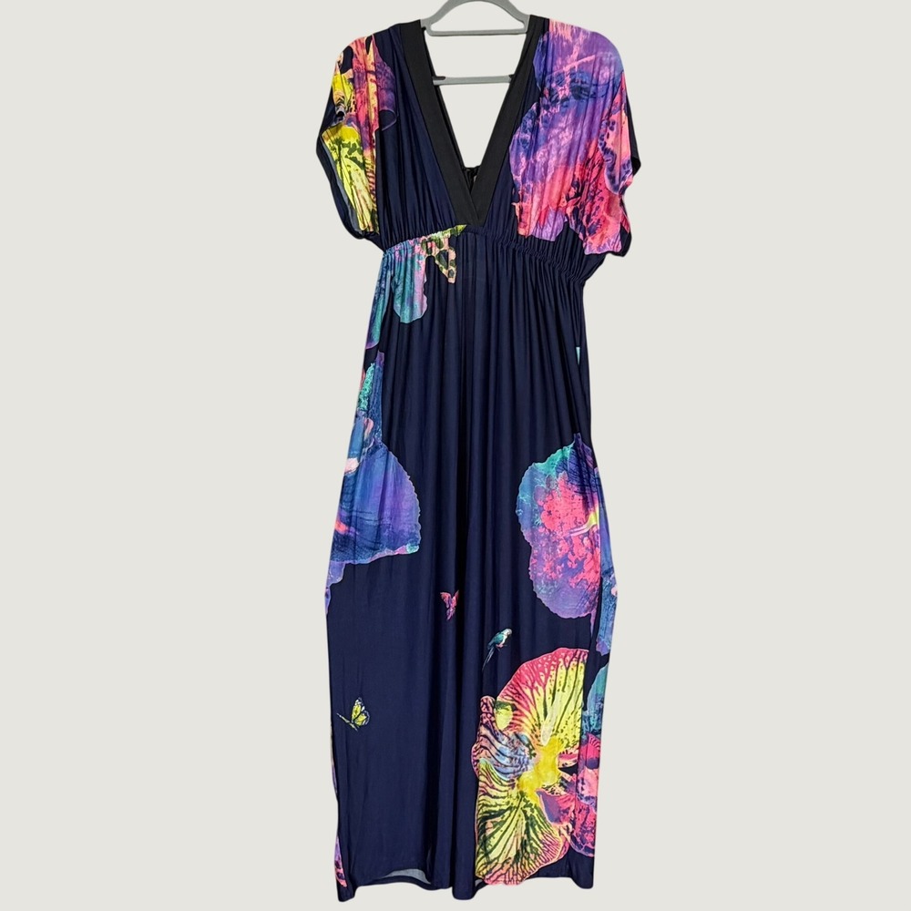 Morefeel Women XXXL Navy‎ Blue Floral Butterfly Print V-Neck Maxi Dress Viscose